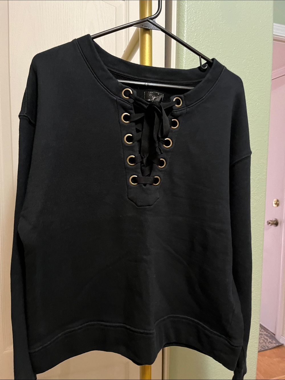 MOTHER Black Lace-Up Eyelet Pullover Sweatshirt NEW Sz Lg